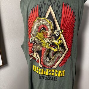 Volcom Olive Dragon Graphic Tee with Red & Yellow Accents Sleeveless